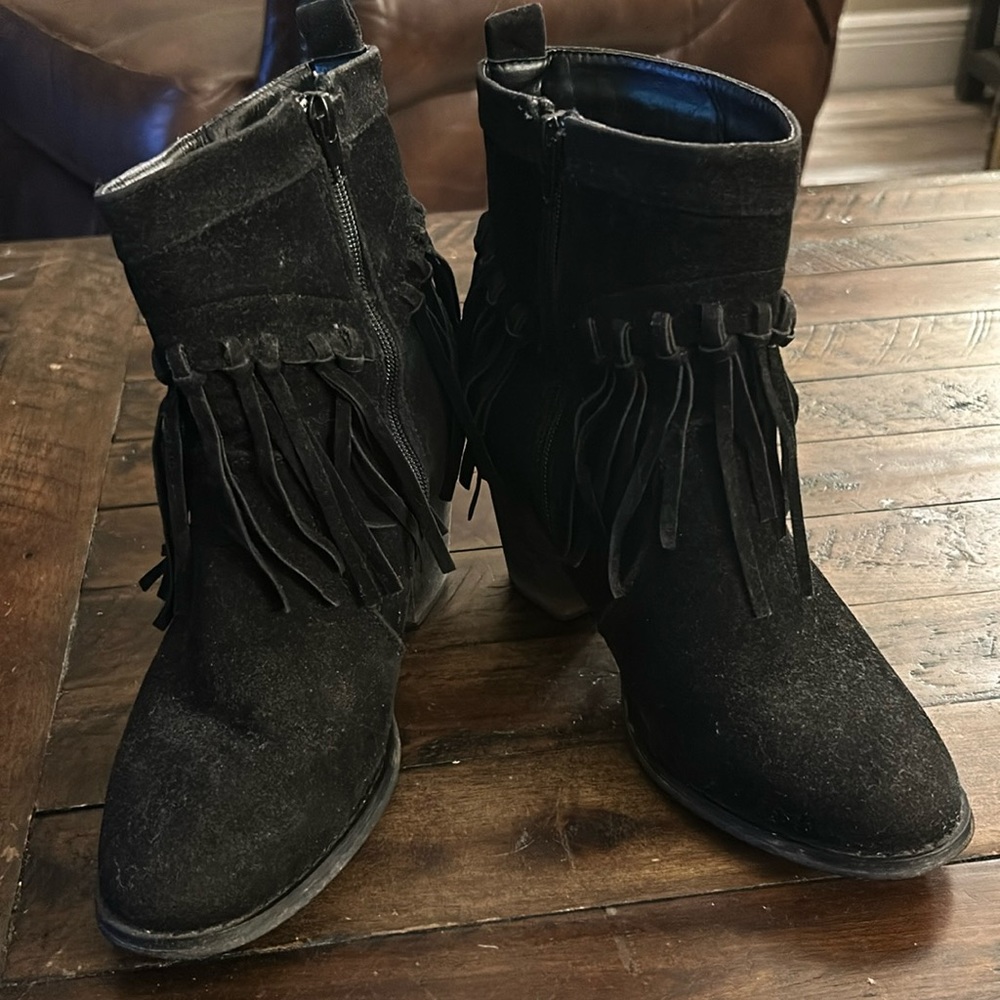 Boutique brand black suede fringed ankle booties. Wore a few times. Very loved!